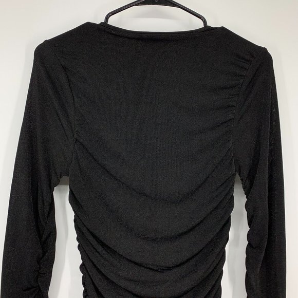 Bardot Dress Demi Black V Neck Ruched Long Sleeve Mini Bodycon - Picture 11 of 12